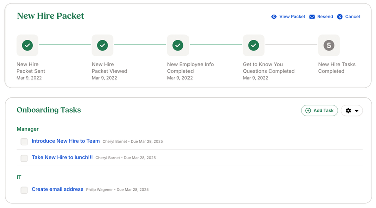 This image displays a "New Hire Packet" workflow, including a checklist of steps such as sending the packet, viewing it, completing new employee info, answering questions, and completing tasks. Below, there is an "Onboarding Tasks" section, listing specific tasks assigned to various roles (e.g., introducing the new hire to the team, creating an email address) with due dates and the option to add more tasks